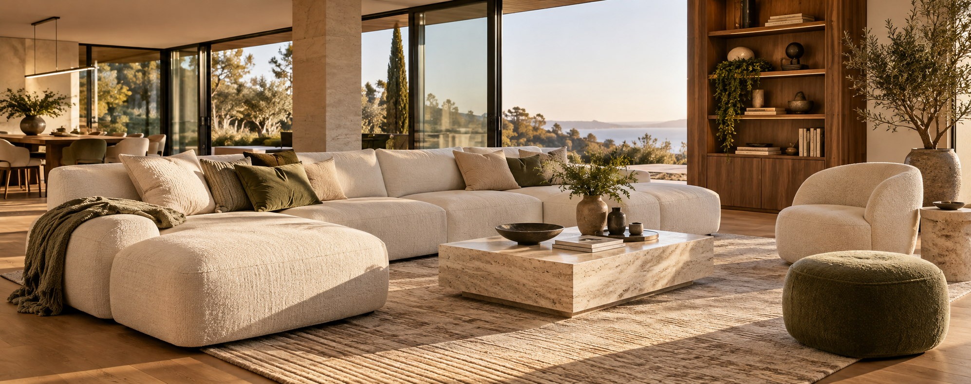 Beautiful modern living room styled with warm neutral furniture and natural textures